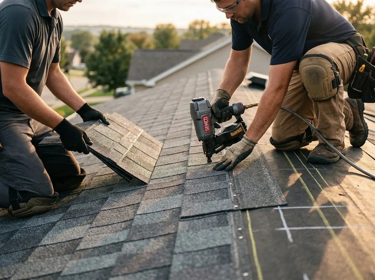 Professional roofer working on a residential roof in Klamath Falls